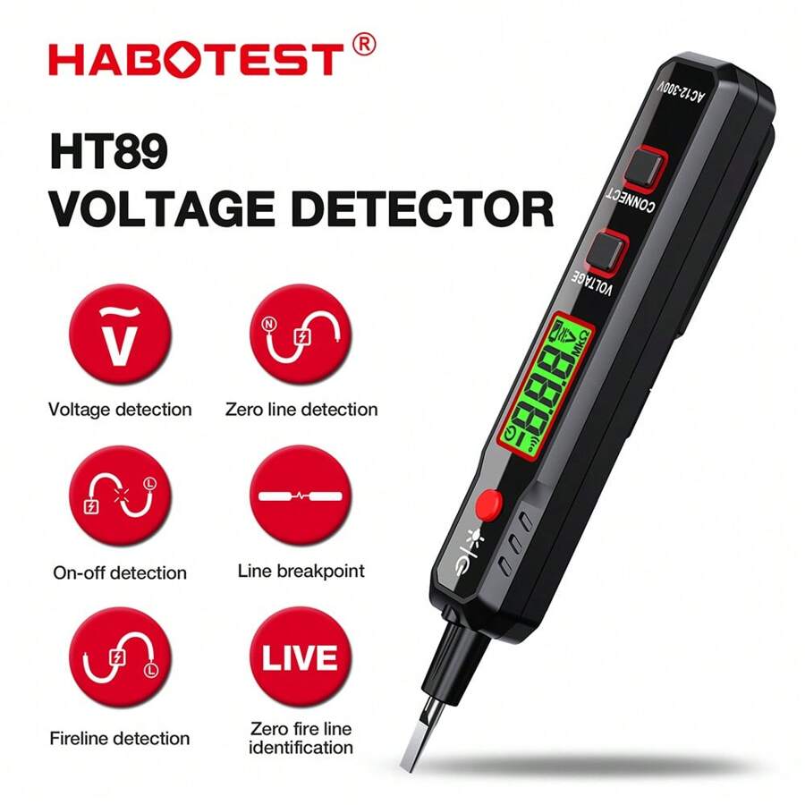 Habotest Ht89筆式交流電壓檢測器 Ncv 12〜300v電壓測試器,可用於有/無電線,配備手電筒lcd顯示屏斷點查找器