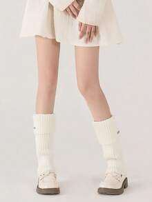 1 Đôi Nữ Màu Trơn Giữ Ấm Chân Với Kim Loại Thời Trang Miếng, mùa Thu Đông Dệt Kim Boot Bao Tay Chân - trắng - Xem 3