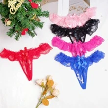 开裆蕾丝和珍珠透明可拆卸珍珠丁字裤，流行内衣 - 紅色 - 查看 3