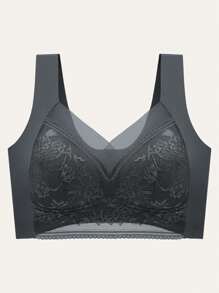 5pcs Women's Contrast Lace Seamless & Wirefree Bra With Padding, Lingerie