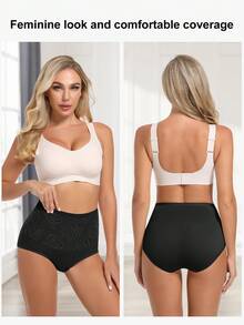 4入組女式內褲玫瑰高腰控腹舒適貼身 - 黑色 - 查看 6