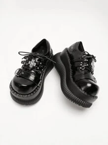 女性十字柳釘裝飾厚底鞋,帶鞋帶扣的y2k亞文化龐克哥德羅莉塔風鞋款 - 黑色 - 查看 7