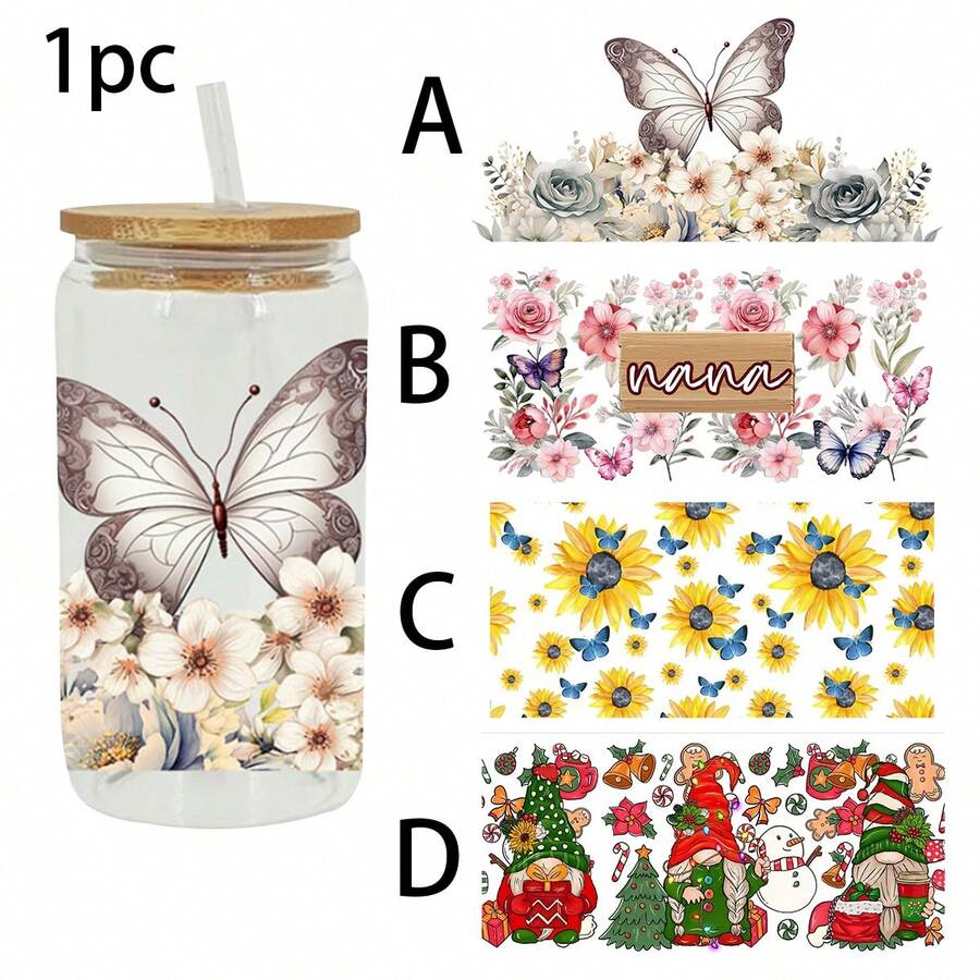 1 Piece Uv Dtf Transfer Coffee Design  Flower Design,Cartoon Design,Butterfly Design, Etc Sticker In 9.5inch*4.3inch For 16oz Glass Cups Diy Wrap Transfer Sticker Glass Cup Waterproof Sticker Bottle Sticker Adhesive Sticker-(Excluding Cups) - Multicolor - View 1