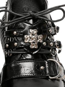 女性十字柳釘裝飾厚底鞋,帶鞋帶扣的y2k亞文化龐克哥德羅莉塔風鞋款 - 黑色 - 查看 5