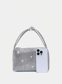 1 件女式優雅風格腕帶,飾有閃亮水鑽和雙股,絲綢製成,大容量,可存放手機,適合街頭、約會、派對和特殊場合 - 銀色 - 查看 4