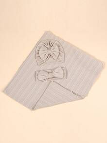 (swaddle Blanket*1, Bow Hat*1, Headband*1) Newborn Baby Swaddle Blanket Set, Plain Color Waffle Pattern Wrapped Blanket With Three Pieces - Khaki - View 2