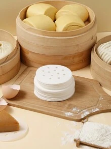 50入組圓形蒸餃紙、蒸籠布、矽油紙、餃子墊、蒸麵包紙,適用家庭使用 - 白色 - 查看 3