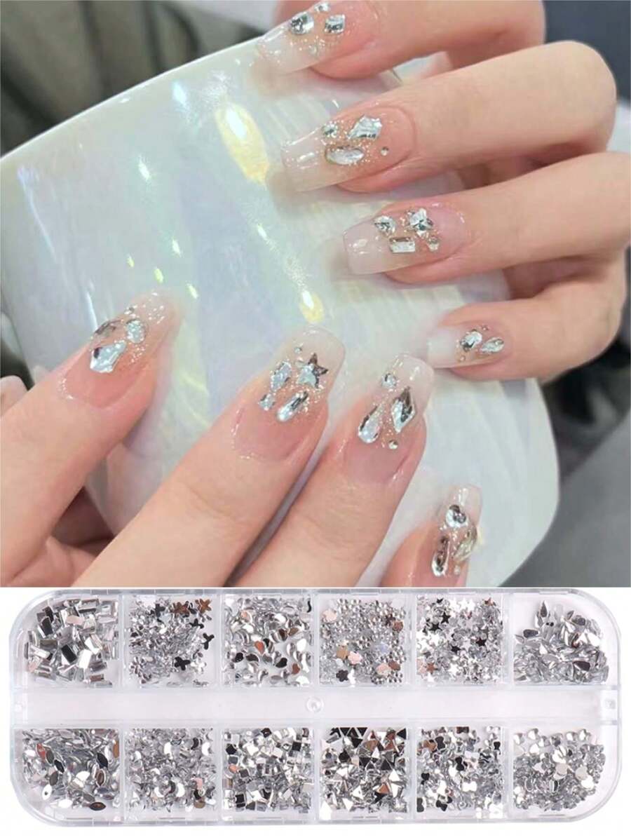 12 Compartments Mixed Shape Rhinestones - Heart, Star, Moon, Flower Crystal Nail Art Decorations, DIY Nail Jewelry Accessories