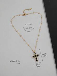 1pc Exquisite Copper Plated Cubic Zirconia Inlaid Women's Pendant Necklace, Featuring Gold-Color & Black Cross Beaded Chain For Women - Black - View 6