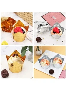 20pcs Gold Aluminum Foil Tulip Flame Baking Muffin Cups Paper Cake Cups, DIY Cake Baking For Chiffon Mousse, Muffin, Bread Baking Cup Cupcake For Oven, Suitable For Wedding And Party High Temperature Resistant Baking Oil-Proof Paper - Multicolor - View 3