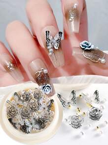 3D黑白极光山茶花美甲装饰，水钻亚克力树脂花朵设计美甲饰品，婚礼美甲配件 - 彩色 - 查看 1