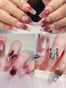 3D黑白极光山茶花美甲装饰，水钻亚克力树脂花朵设计美甲饰品，婚礼美甲配件 - 彩色 - 查看 5