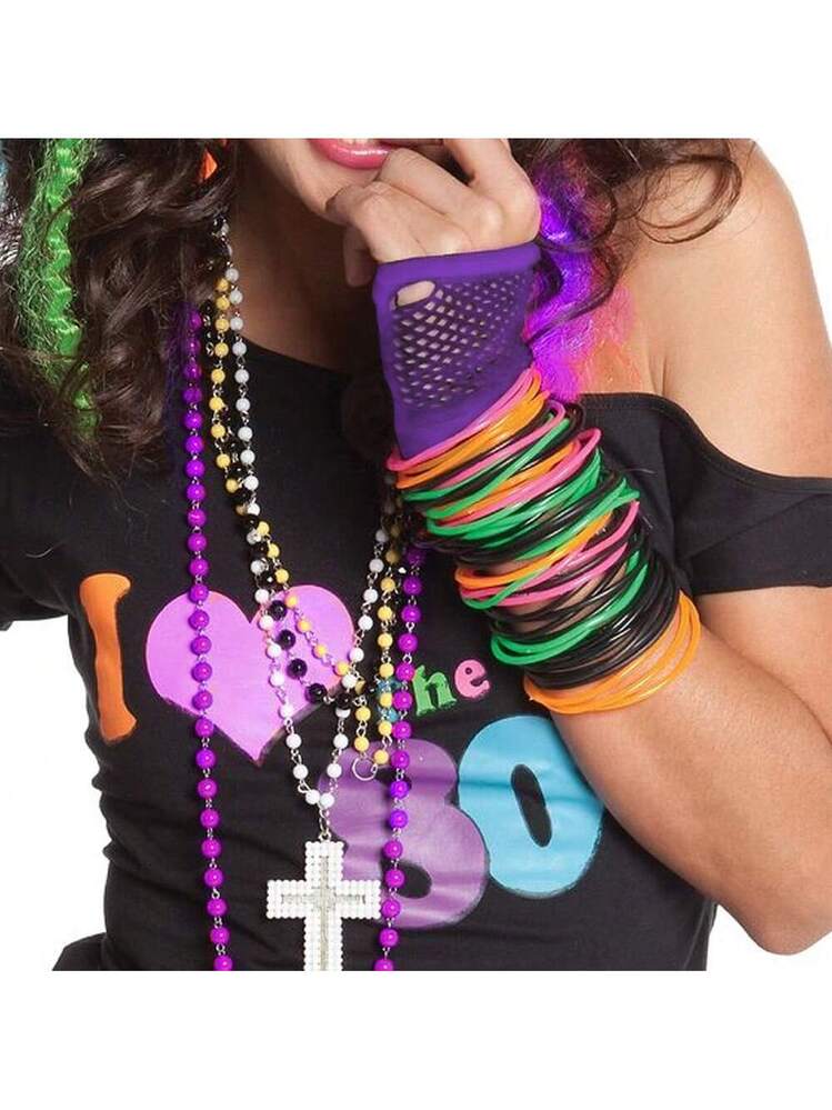 Accesorios Fiesta Años 80 Para Mujer | 6 Piezas: Tutú Arcoíris, Guantes De Malla, Collar Y Pulseras Neón – Disfraz Retro
