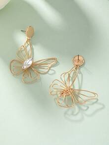 1 对优雅镂空蝴蝶设计简约线条森系风格别致吊坠耳环，适合女性日常佩戴（欧美风格） - 金黃色 - 查看 3