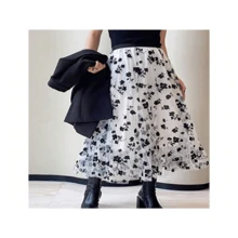 Falda de malla de mujer con estampado floral, falda de una elegante línea, falda larga