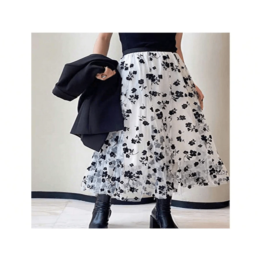Falda de malla de mujer con estampado floral, falda de una elegante línea, falda larga