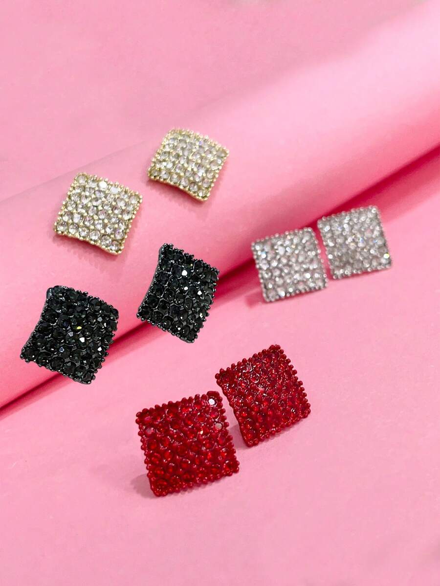 1 par Pendientes negro con diamante de imitación geométrico en forma de diamante simple adecuado para uso diario , regalo festivo - Negro - Ver 1