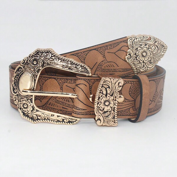 #A01 3.8cm Wide Gold And Silver Plum Blossom Square Buckle With Flower Pressing, Vintage Alloy Punch, Women Plum Blossom Buckle Belt, Versatile Belt For Women Dresses And Jeans, GirlsDecorative Accessories, Holiday Gifts. Halloween
