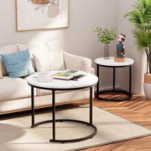 Round Nesting Coffee Table Side Table Set of 2 End Tables for Living Room Bedroom Balcony,White Faux Marble Wooden Table 31IN Accent Large Coffee Table with Black Steel Frame - White - View 8