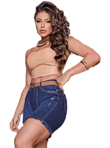 Shorts Jeans Meia Coxa Bolso Zíper Cos Alto Lycra Bermuda Top Cos Alto Com Bolso Zíper Botão Shortinho Lavagem Escura Media Clara Feminino Meia Coxa Social Moda Verão Luxo - Azul Royal - Visão 6