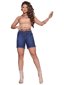 Shorts Jeans Meia Coxa Bolso Zíper Cos Alto Lycra Bermuda Top Cos Alto Com Bolso Zíper Botão Shortinho Lavagem Escura Media Clara Feminino Meia Coxa Social Moda Verão Luxo - Azul Royal - Visão 2