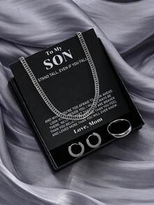 4pcs Silver-Tone Men'S Minimalist Stainless Steel Necklace + Ring + Earrings Set With Blessing Card And Gift Box, For Father/ Son/ Boyfriend/ Men - Silver - View 2