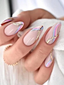 24pcs Simple French Style Press On False Nails With Vibrant Color, Wave Pattern, Jelly Glue And Nail File Included, Suitable For Women And Girls Nail Supplies - Multicolor - View 1