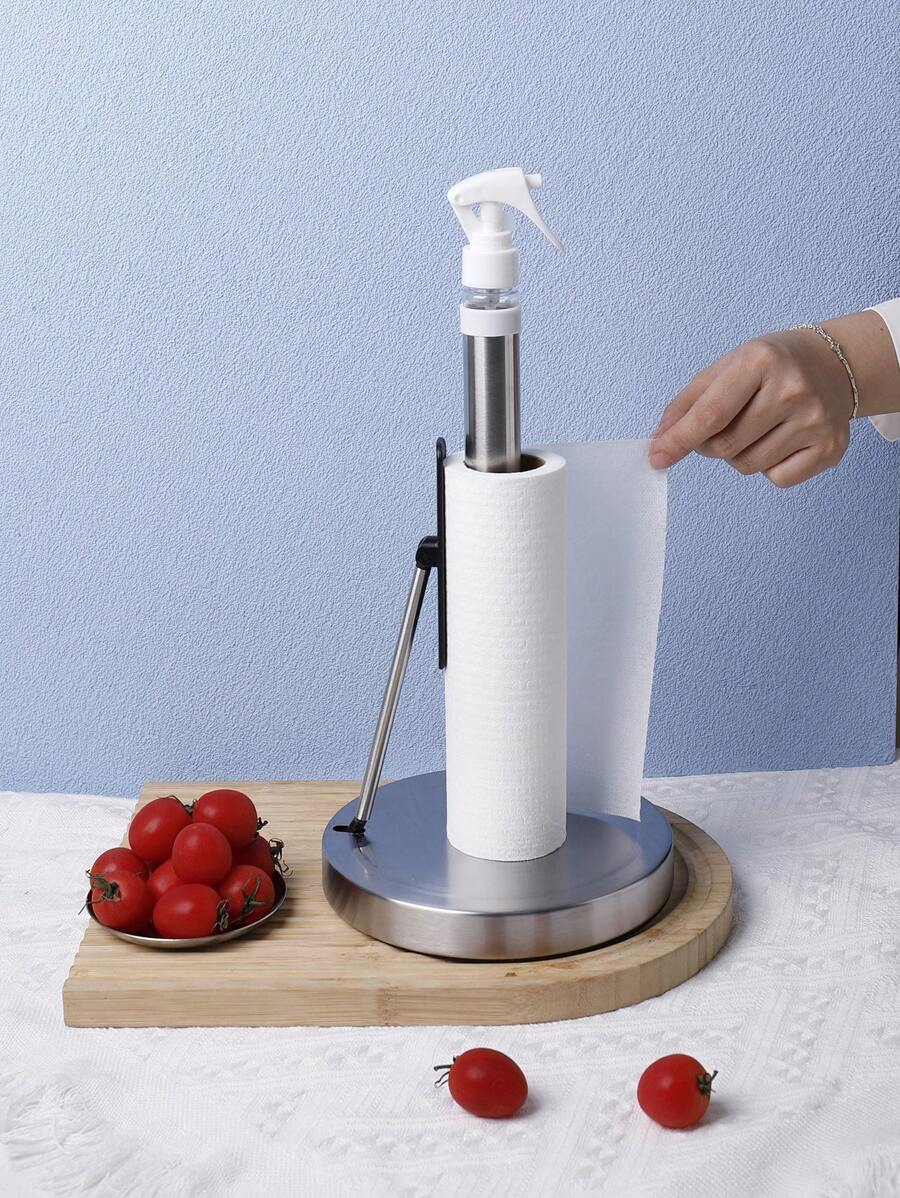 Portarrollos de papel de cocina vertical de acero inoxidable actualizado de 1 pieza con botella de spray limpia, organizador de papel de cocina, portarrollos de papel de rollo de encimera 2 en 1 de moda y simple, embalaje de caja Kraft. - Plateado - Ver 1