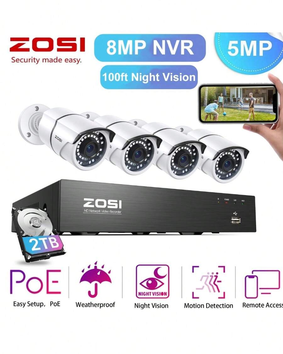 ZOSI 8CH 4K PoE NVR Home Security Camera System With 2TB HDD, 4pcs 5MP Outdoor PoE IP Cameras, 120ft Night Vision, Motion Detection, Remote Access - 黑與白 - 查看 1