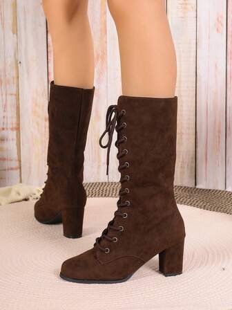 Botas hasta la pantorrilla para mujer, botas romanas estilo caballero de moda europeas y americanas de unicolor, botas de moda con cordones y tacón grueso, botas informales hasta la pantorrilla con cordones y tacón grueso, botas de invierno informales para mujer con cordones, puntera redonda y tacón alto grueso