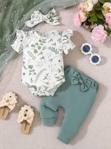 New Spring Baby Girls' Three Piece Set Including Floral Print Bodysuit, Pants And Headband With Ruffle Detail - Green - View 1