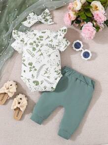 New Spring Baby Girls' Three Piece Set Including Floral Print Bodysuit, Pants And Headband With Ruffle Detail - Green - View 2