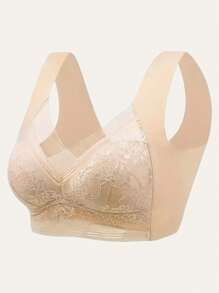 5pcs Women's Contrast Lace Seamless & Wirefree Bra With Padding, Lingerie