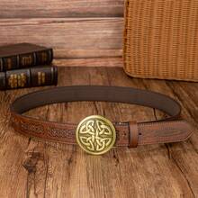 1pc Men'S Fashionable All-Match Belt With Symmetrical Flower Pattern, Circular Buckle, Pu Embossed Stripes In Disorder - Yellow - View 4