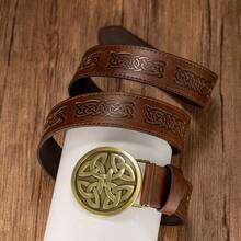 1pc Men'S Fashionable All-Match Belt With Symmetrical Flower Pattern, Circular Buckle, Pu Embossed Stripes In Disorder - Yellow - View 2