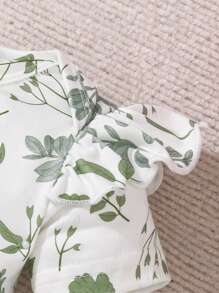 New Spring Baby Girls' Three Piece Set Including Floral Print Bodysuit, Pants And Headband With Ruffle Detail - Green - View 3