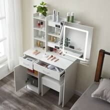 Makeup Vanity Table with Lighted Mirror, Vanity Desk Set with Shelves, Dresser Desk and Cushioned Stool Set White - trắng - Xem 3