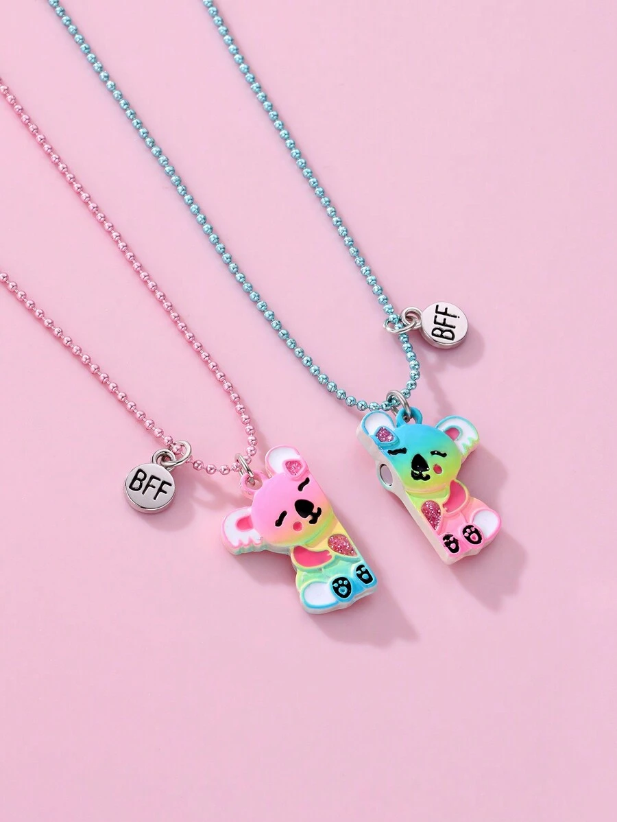 2入組可愛的鋅合金磁性動物吊墜項鍊,適用於女孩,熊和樹懶設計,最好的朋友首飾禮物 - 彩色 - 查看 1