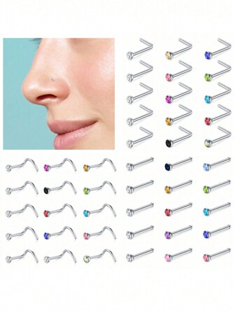 CIZME 15Pcs/Set 20g 7mm Nose Rings Studs For Women Nose Rings Stainless Steel Real Stud Nose Rings L Shaped Corkscrew Bone Nose Piercing Stud Jewelry Hypoallergenic Colorful CZ Dia 2mm Silver Color