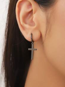 1pair European And American Style Copper Hoop Earrings With Gold-tone Cross Pendant For Women Daily Wear - Gun Black - View 1