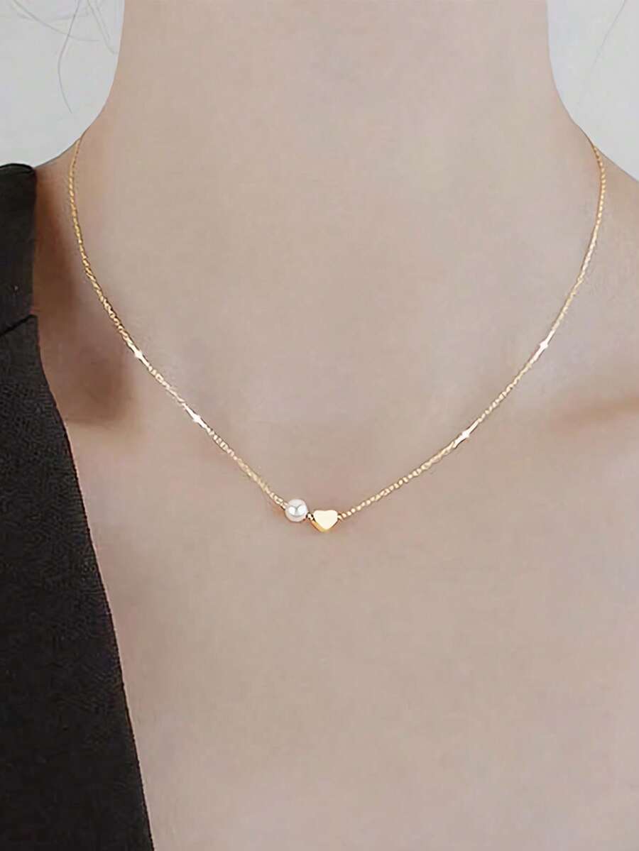 BALMORA 1件 S925純銀復古簡約優雅甜美珍珠心形吊墜金吊墜項鍊，適用於女性女孩時尚潮流領帶鏈日常生活派對珠寶禮物 - 金色 - 查看 1