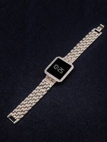 1只新款閃亮金色嘻哈風鑲鑽手錶和1只合金手鐲,節日/生日禮物首選 - 金色 - 查看 2