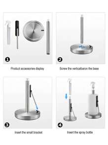 Portarrollos de papel de cocina vertical de acero inoxidable actualizado de 1 pieza con botella de spray limpia, organizador de papel de cocina, portarrollos de papel de rollo de encimera 2 en 1 de moda y simple, embalaje de caja Kraft. - Plateado - Ver 6