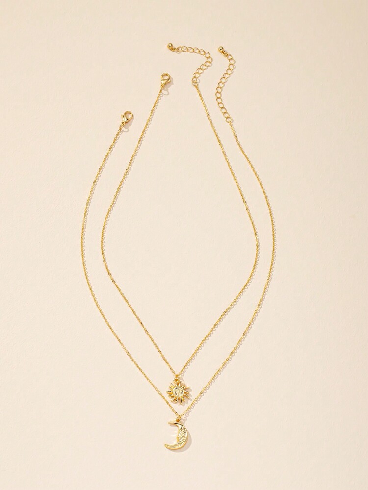 2入組時尚簡約太陽和月亮吊墜項鍊,適用於女性 - 彩色 - 查看 3