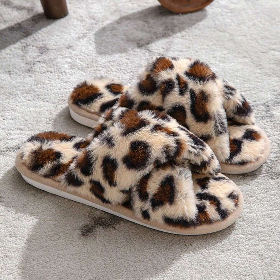 Women's Leopard Print Fluffy Home Slippers,Warm & Soft Open Toe House Memory Foam Sandals Slides, House Slippers, Fall & Winter Woman Shoes - 米色/豹紋 - 查看 1