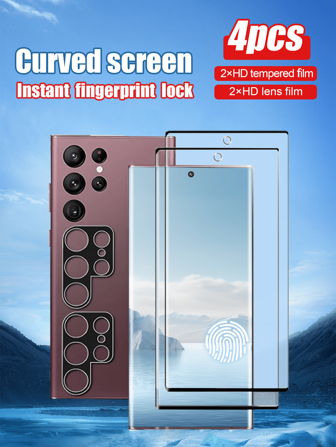 四合一套装，包含 2 件曲面高清钢化玻璃屏幕保护膜 + 2 件高清镜头保护膜，9H 硬度，防摔、防刮、防水，兼容三星 Galaxy S21/S22/S23/S24 Ultra、Galaxy S24 FE、Galaxy S25 Ultra、S25 生日礼物、家人、朋友手机屏幕保护膜、手机配件