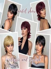 女士剪髮假髮短酒紅色假髮深色根短分層鯔魚假髮漸變酒紅色精靈假髮合成自然外觀頭髮 - 酒紅色 - 查看 4