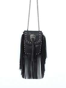 Y2k 流蘇斜挎包,蒸氣龐克鏈條單肩包,時尚鉚釘裝飾方形皮夾 - 黑色 - 查看 3