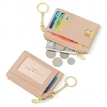Fashionable Card Holder For Women Simple And Mini Suitable For Commuting Portable And Cute Keychain Coin Purse Multi-Function Zipper Storage Bag Suitable For Credit Cards And Lipsticks Light And Fashionable Commemorative Day Wallet Birthday Gift White-Collar Unisex ID Card Holder Business Casual Wallet Keychain - Pink - View 2