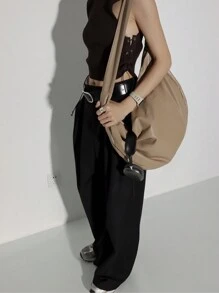 購物袋，夏季鬆垮風格柔軟皮革女包，休閒款實色女士手提包，簡約設計休閒包，大容量肩背包，斜跨包，饅頭包，適用於日常使用，休閒，購物，辦公室，上學，高中，大學。 - 杏色 - 查看 4